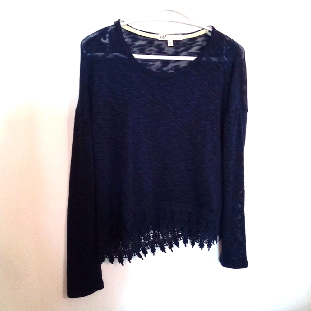 Jolt Women's Navy Boxy Slub Knit Sweater with Crochet Detail At Hemline Small